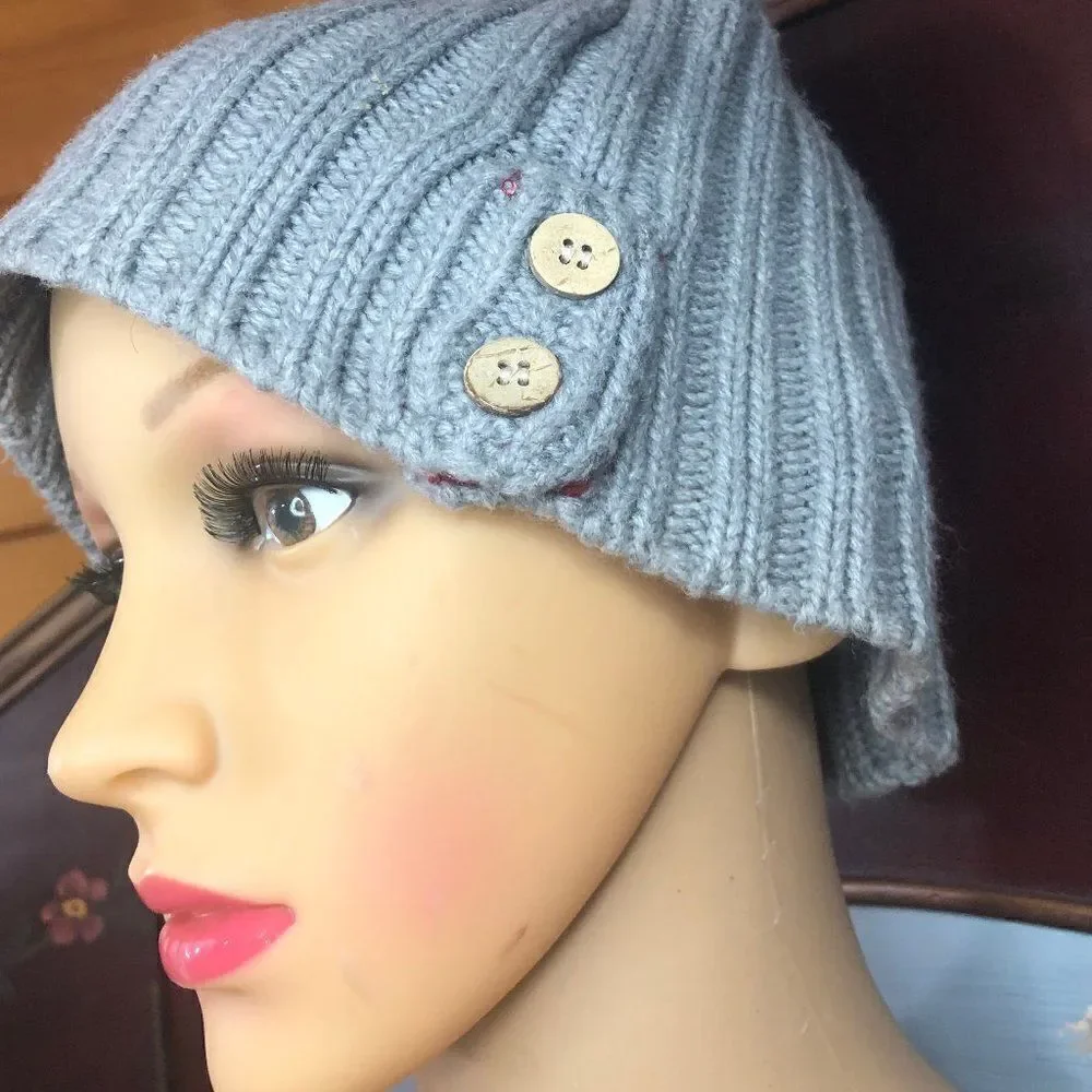 Grey Beanie with tan buttons on side